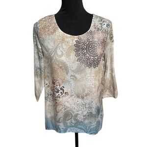 Chicos 0 Blouse Top Womans Small Floral Mixed Media Long Sleeve Round Neck